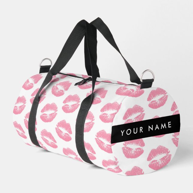 Pink Lips, Kiss, Lipstick, Your Name, Personalise Duffle Bag (Left Corner)