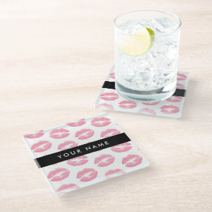 Pink Lips, Kiss, Lipstick, Your Name, Personalise Glass Coaster