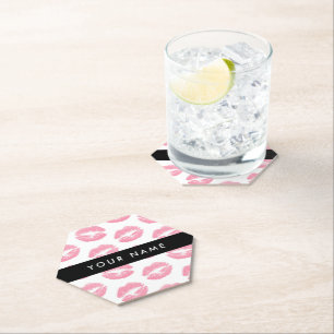 Pink Lips, Kiss, Lipstick, Your Name, Personalise Paper Coaster