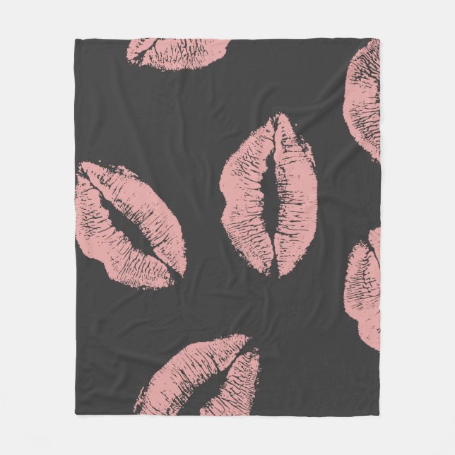 Pink lips kisses, Valentine's day pattern. Fleece Blanket (Front)