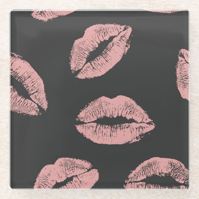 Pink lips kisses, Valentine's day pattern. Glass Coaster (Front)