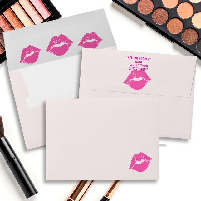 Pink Lips Lipstick Kiss Return Address Envelope (Kiss for you! A pretty blush pink envelope with space for your address on the back flap. )