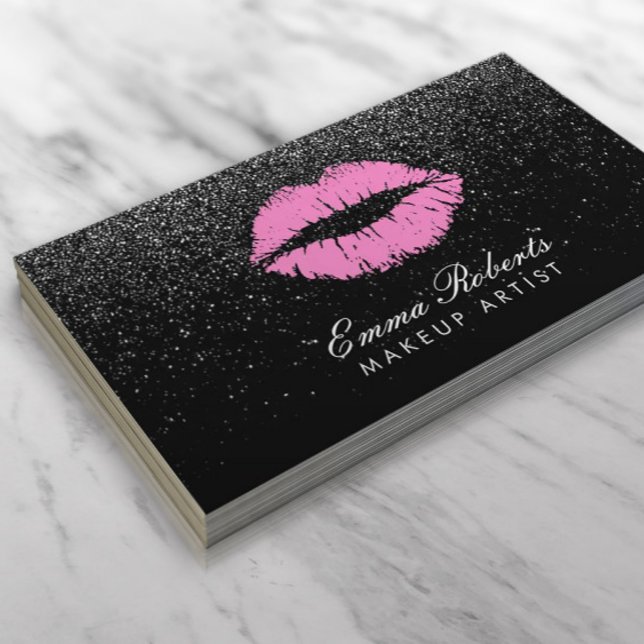 Pink Lips Makeup Artist Black Glitter Modern Business Card (Creator Uploaded)