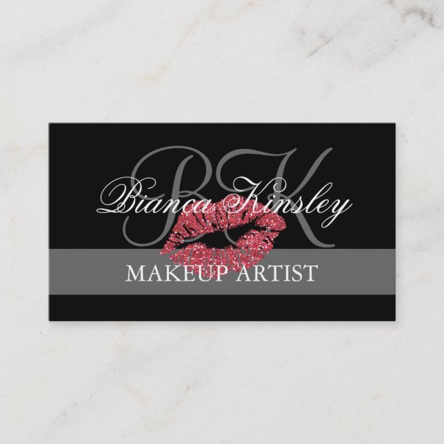 Pink Lips Makeup Artist Monograms Business Card (Front)