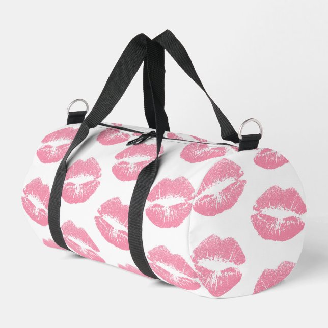 Pink Lips, Pattern Of Lips, Pink Lipstick, Kiss Duffle Bag (Left Corner)