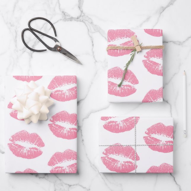 Pink Lips, Pattern Of Lips, Pink Lipstick, Kiss Wrapping Paper Sheet (Front)