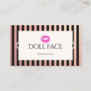 Pink Lips Rose Gold & Black Glitter Stripes Makeup Business Card