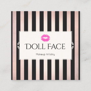 Pink Lips Rose Gold & Black Striped Makeup Artist Square Business Card