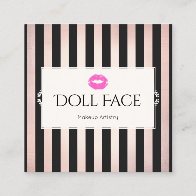 Pink Lips Rose Gold & Black Striped Makeup Artist Square Business Card (Front)