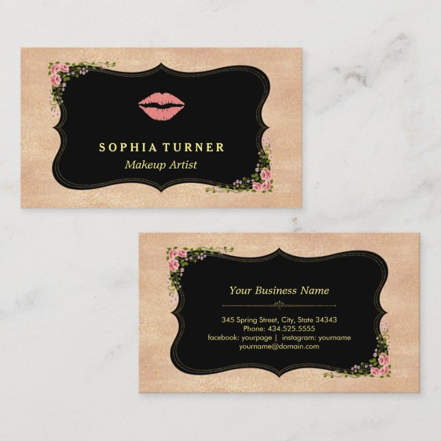 Pink Lips Rose Gold Glitter Wild Flowers Monogram Business Card (Front/Back)
