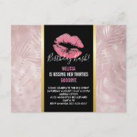 Pink Lips & Rose Gold Tropical Leaves Birthday