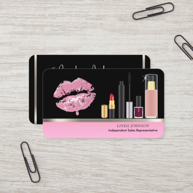 Pink Lipstick and Makeup Business Card (Front/Back In Situ)