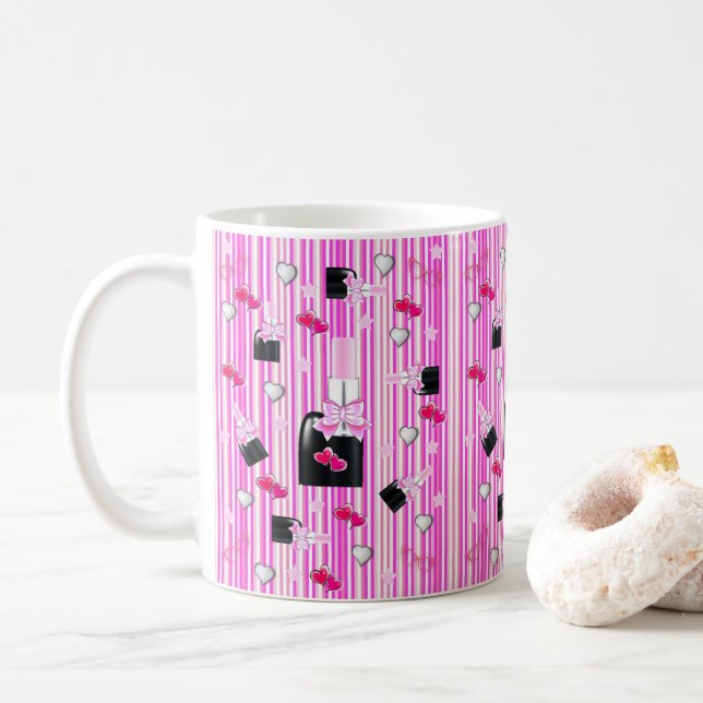 Pink Lipstick Hearts Stripe  Mug (With Donut)