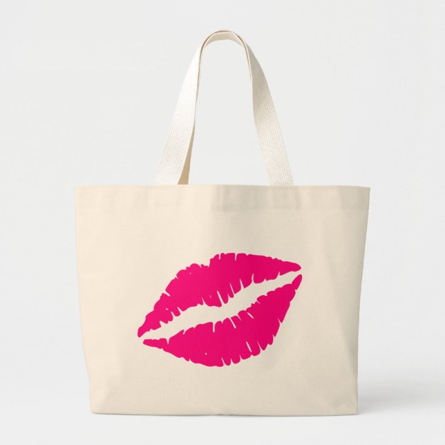 Pink lipstick kiss pop art large tote bag (Front)