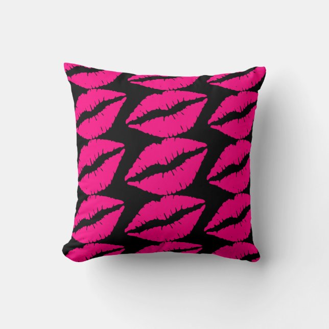 Pink lipstick kiss pop art pink and black throw pillow (Front)