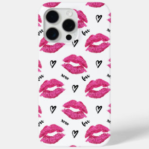Pink Lipstick Kisses and Hearts iPhone 15 Pro Max Case