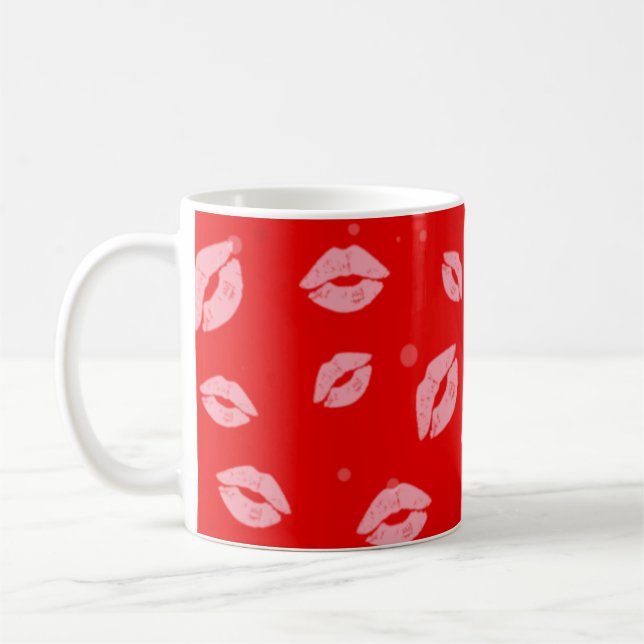 Pink Lipstick Kisses on Red Background Pattern  Coffee Mug (Left)