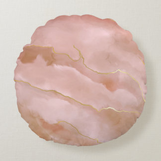 Pink Liquid Marble Gold Texture Round Pillow