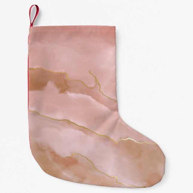 Pink Liquid Marble Gold Texture Small Christmas Stocking (Front)