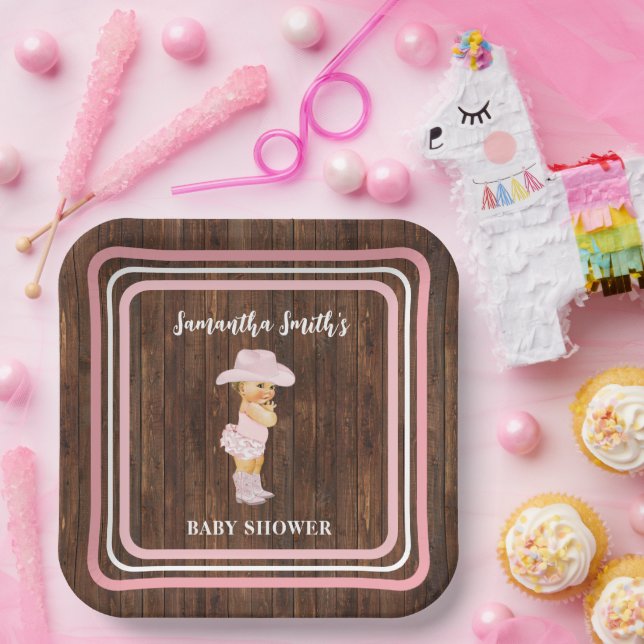Pink Little Baby Cowgirl Western Baby Shower Paper Plate (Party)