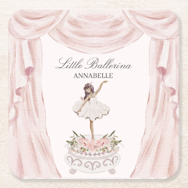 Pink Little Ballerina Baby Shower or Birthday Square Paper Coaster (Front)