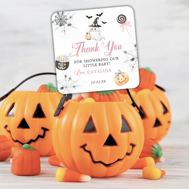 Pink Little Boo Baby Shower Cute Ghost & Pumpkins Square Sticker (Creator Uploaded)
