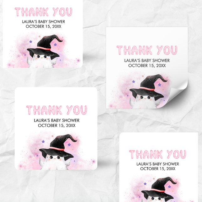 Pink Little Boo Ghost Witch Baby Shower Square Sticker (Little Boo Halloween Baby Shower Square Sticker)