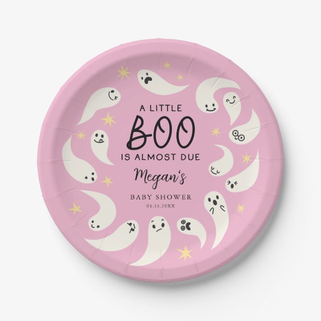Pink Little Boo October Baby Shower Paper Plate (Front)