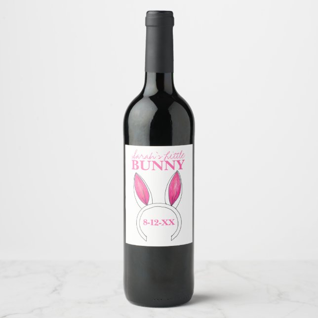 Pink Little Bunny Ears Baby Shower Favour Wine Label (Front)