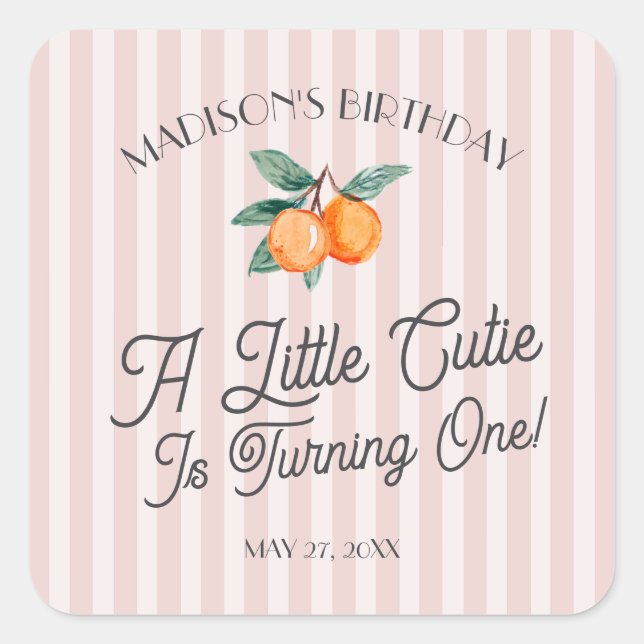 Pink Little Cutie Pastel Citrus Birthday Envelope Square Sticker (Front)