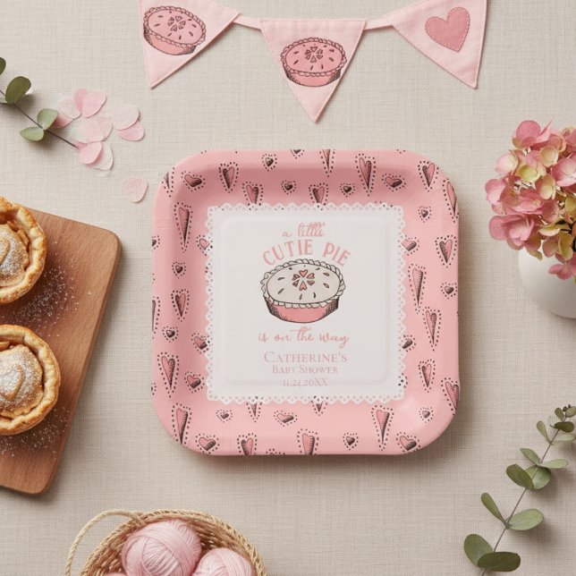 Pink Little Cutie Pie Autumn Baby Girl Shower Paper Plate (Cute Thanksgiving Baby shower  A Little Cutie Pie Pink Square Paper Plates with Autumn Pie & Hearts)