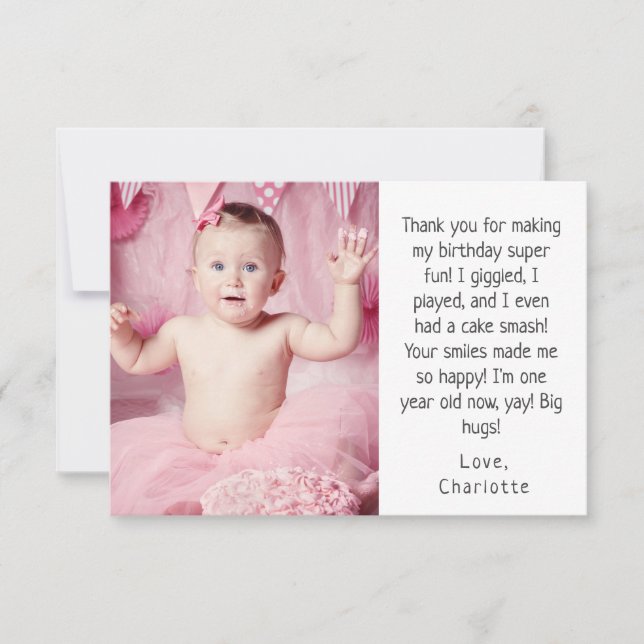 Pink Little Girl's 1st Birthday Thank You Photo  (Front)