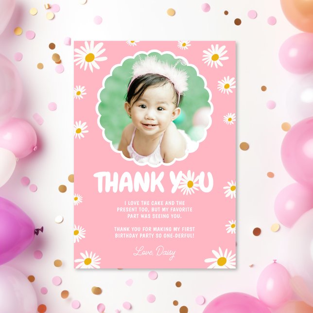 Pink Little Miss ONEderful Daisy 1st Birthday Thank You Card (Creator Uploaded)