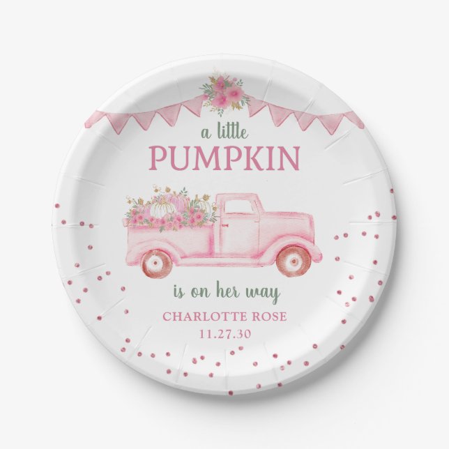 Pink Little Pumpkin Baby Shower Paper Plate (Front)