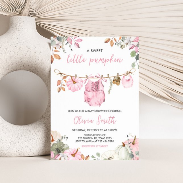 Pink Little Pumpkin Fall Autumn Baby Shower  Invitation (Pink Little Pumpkin Fall Clothesline Baby Shower Invitation)