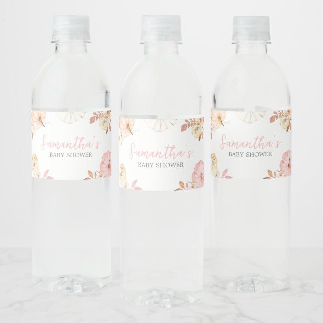 Pink Little Pumpkin Fall Baby Shower Water Bottle Label (Bottles)