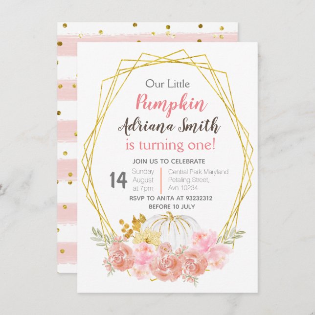 Pink Little Pumpkin Fall Birthday Autumn Invitation (Front/Back)