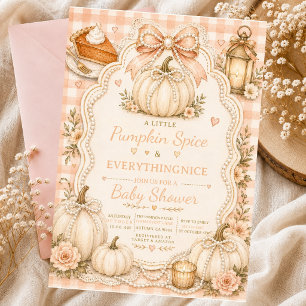 pink little pumpkin spice watercolor pearl bow pie invitation
