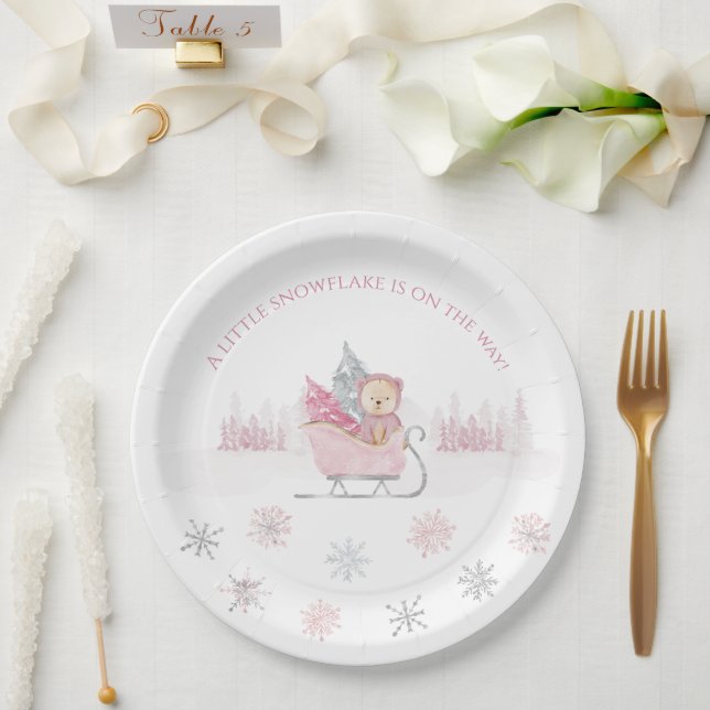 Pink Little Snowflake Baby Shower Paper Plate (Wedding)