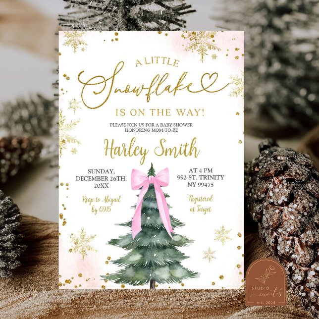 Pink Little Snowflakes Tree Pink Bow Baby Shower Invitation (Creator Uploaded)