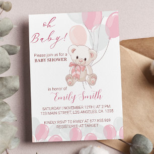 Pink Little Teddy Bear Baby Shower Invitation 