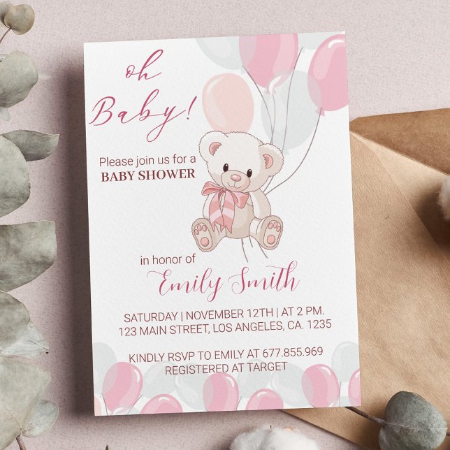 Pink Little Teddy Bear Baby Shower Invitation  (Creator Uploaded)
