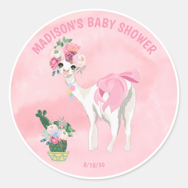 Pink Llama Alpaca Girls Baby Shower Classic Round Sticker (Front)