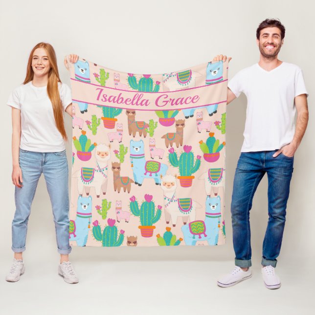 Pink Llama And Cactus Pattern Fleece Blanket (In Situ)