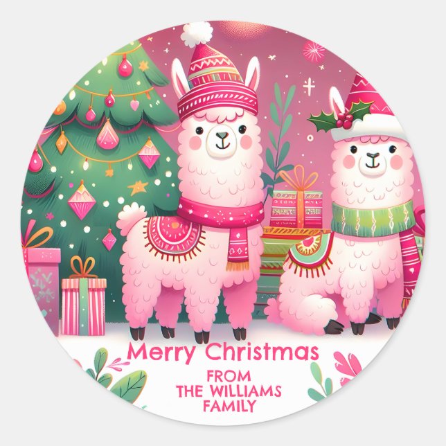 Pink Llama Christmas Classic Round Sticker (Front)
