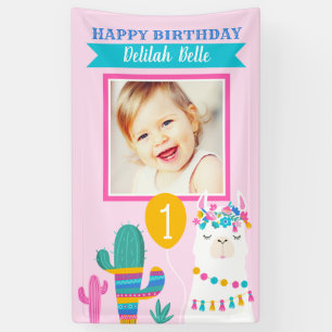 Pink Llama Happy Birthday Girl Photo Fiesta Banner