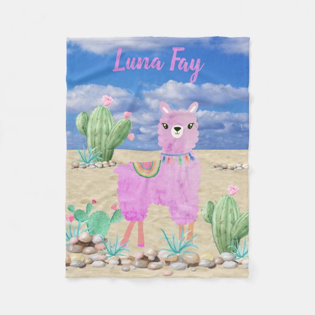 Pink Llama Southwest Desert Cactus Cute Baby Fleece Blanket (Front)