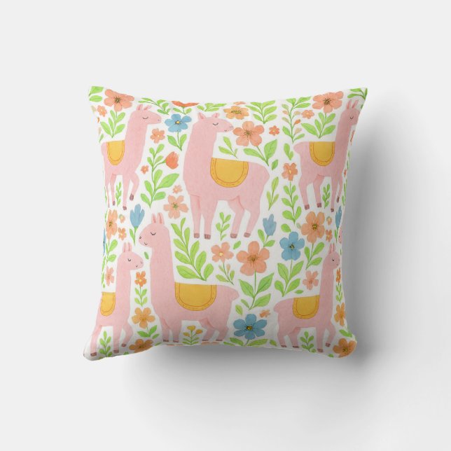 Pink Lllamas & Floral Design Pillows - Customize  (Back)