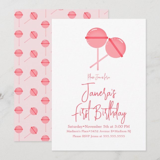 Pink Lollipops Candy Bar First Birthday Invitation (Front/Back)