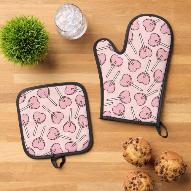 Pink Lollipops, Heart Lollipops, Lollipop Pattern Oven Mitt & Pot Holder Set (Top Down)